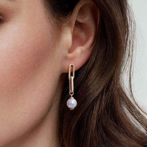 14K Yellow Gold Pearl Stud Drop Link Earrings - EG15190Y4JPL-Gabriel & Co.-Renee Taylor Gallery