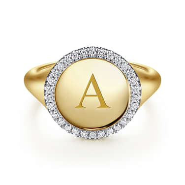 14K Yellow Gold Pinky Signet Ring with Diamond Halo - LR51521Y45JJ-Gabriel & Co.-Renee Taylor Gallery
