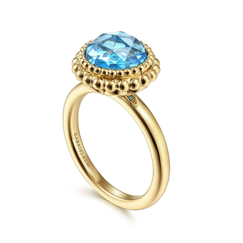 14K Yellow Gold Round Blue Topaz Bezel Set Ring w/ Bujukan Bead Halo - LR51792Y4JBT-Gabriel & Co.-Renee Taylor Gallery