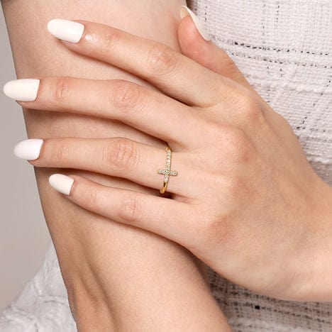 14K Yellow Gold Sideways Diamond Cross Ring - LR50221Y45JJ
