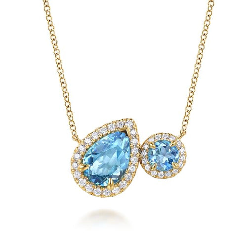 14K Yellow Gold Toi et Moi Blue Topaz and Diamond Halo Necklace - NK7870Y45BT-Gabriel & Co.-Renee Taylor Gallery