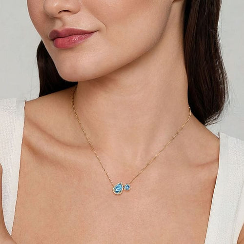 14K Yellow Gold Toi et Moi Blue Topaz and Diamond Halo Necklace - NK7870Y45BT-Gabriel & Co.-Renee Taylor Gallery