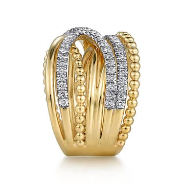 14K Yellow Gold Wide Bujukan Criss Cross Diamond Ring - LR52345Y45JJ-Gabriel & Co.-Renee Taylor Gallery