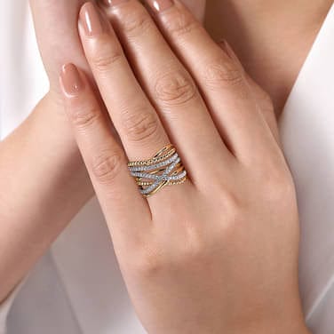 14K Yellow Gold Wide Bujukan Criss Cross Diamond Ring - LR52345Y45JJ-Gabriel & Co.-Renee Taylor Gallery