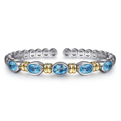 14K Yellow Gold and 925 Sterling Silver Bujukan Blue Topaz Open Bangle Bracelet - BG5100-62MZJBT-Gabriel & Co.-Renee Taylor Gallery