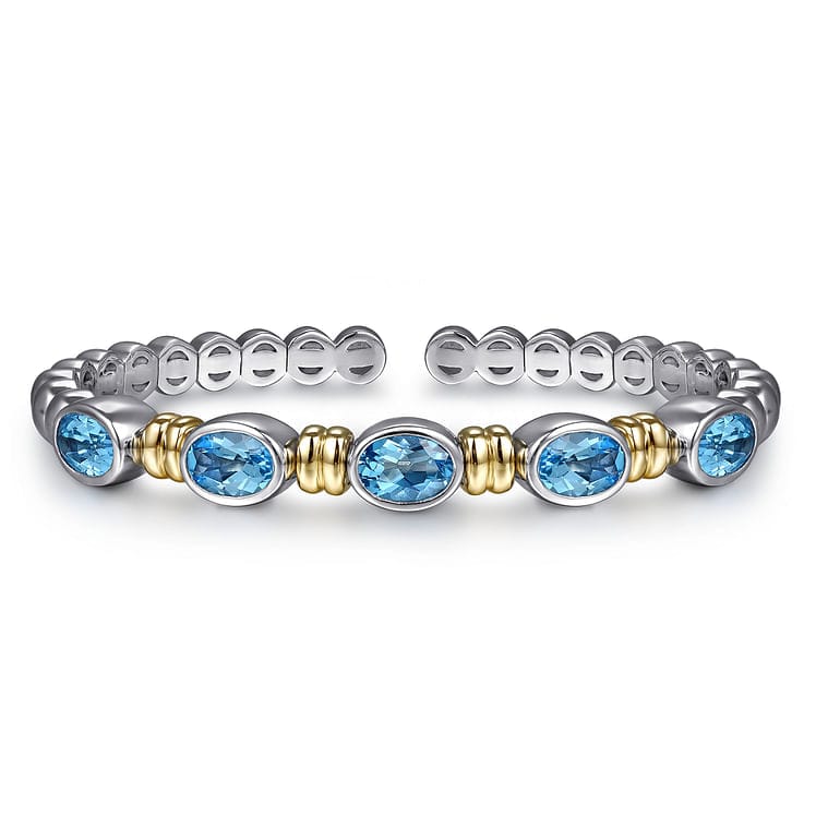14K Yellow Gold and 925 Sterling Silver Bujukan Blue Topaz Open Bangle Bracelet - BG5100-62MZJBT-Gabriel & Co.-Renee Taylor Gallery