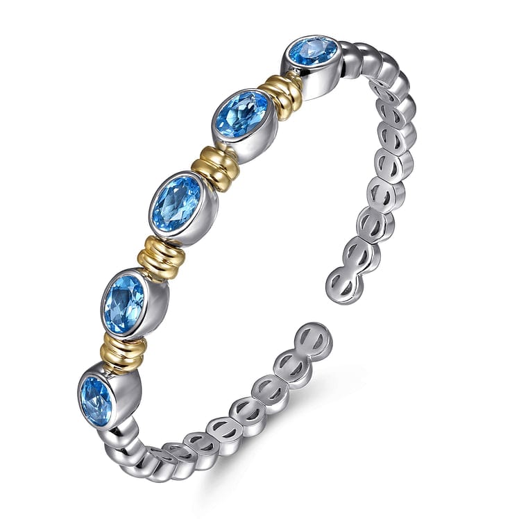 14K Yellow Gold and 925 Sterling Silver Bujukan Blue Topaz Open Bangle Bracelet - BG5100-62MZJBT-Gabriel & Co.-Renee Taylor Gallery