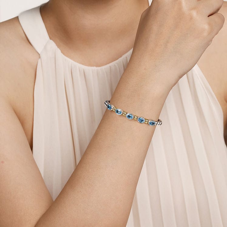 14K Yellow Gold and 925 Sterling Silver Bujukan Blue Topaz Open Bangle Bracelet - BG5100-62MZJBT-Gabriel & Co.-Renee Taylor Gallery