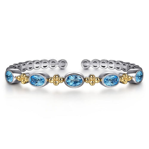 14K Yellow Gold and 925 Sterling Silver Bujukan Blue Topaz Open Bangle Bracelet - BG5102-62MZJBT-Gabriel & Co.-Renee Taylor Gallery