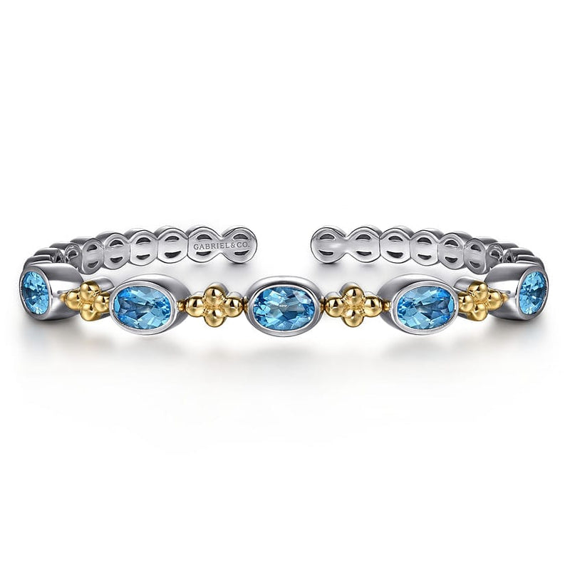 14K Yellow Gold and 925 Sterling Silver Bujukan Blue Topaz Open Bangle Bracelet - BG5102-62MZJBT-Gabriel & Co.-Renee Taylor Gallery