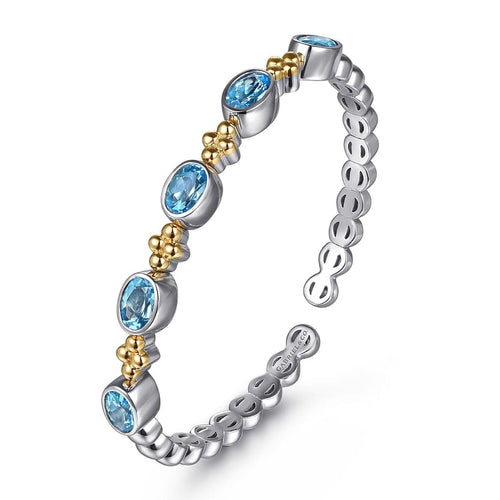 14K Yellow Gold and 925 Sterling Silver Bujukan Blue Topaz Open Bangle Bracelet - BG5102-62MZJBT-Gabriel & Co.-Renee Taylor Gallery