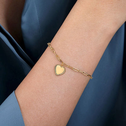 14K Yellow Plain Gold Paperclip Chain Bracelet with Personalized Bujukan Framed Heart Charm - TB4874-7Y4JJJ-Gabriel & Co.-Renee Taylor Gallery