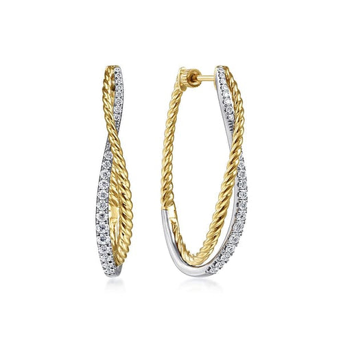 14K Yellow-White Gold Twisted 35mm Classic Diamond Hoop Earrings - EG13947M45JJ-Gabriel & Co.-Renee Taylor Gallery