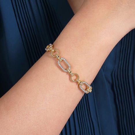 14K Yellow and White Gold Diamond Bracelet with Alternating Links - TB2498M44JJ-Gabriel & Co.-Renee Taylor Gallery