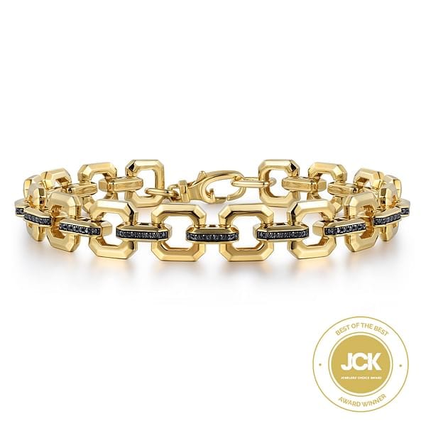14k Yellow Gold Men's Link Chain Tennis Bracelet with Black Spinel Connectors - TBM4825-8Y4JBS-Gabriel & Co.-Renee Taylor Gallery