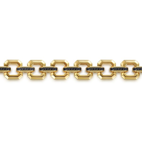 14k Yellow Gold Men's Link Chain Tennis Bracelet with Black Spinel Connectors - TBM4825-8Y4JBS-Gabriel & Co.-Renee Taylor Gallery
