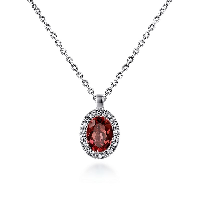 14K White Gold Garnet and Diamond Halo Drop Necklace 18" - NK647W45GN-Gabriel & Co.-Renee Taylor Gallery