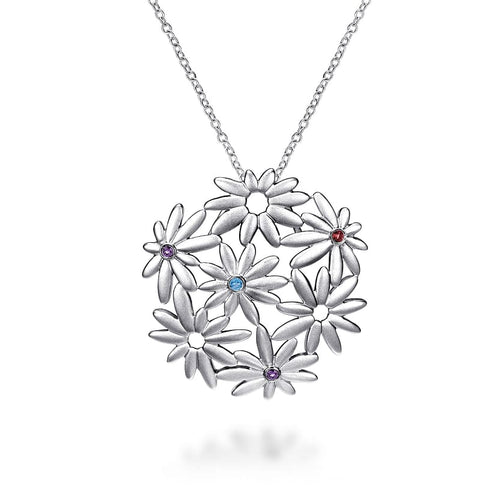 18 inch 925 Sterling Silver Floral Blue Topaz, Garnet & Amethyst Pendant Necklace - NK3750SVJMC-Gabriel & Co.-Renee Taylor Gallery