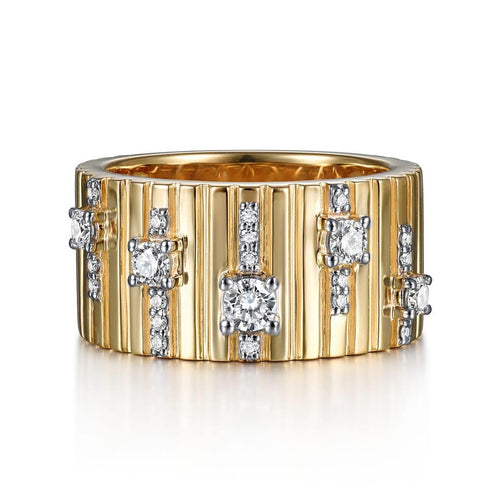 18K Yellow Gold Contemporary Diamond Station Wide Band Ring – LR52058Y84JJ-Gabriel & Co.-Renee Taylor Gallery
