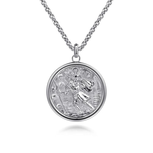 22 Inch 925 Sterling Silver Round St. Christopher Protect US Pendant Necklace - NKM2113-22SVJJJ-Gabriel & Co.-Renee Taylor Gallery