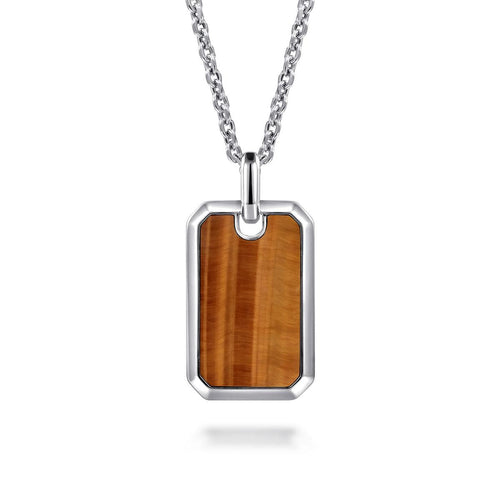 22 Inch 925 Sterling Silver Yellow Tiger Eye Dog Tag Pendant Necklace - NKM2248-22SVJYT-Gabriel & Co.-Renee Taylor Gallery