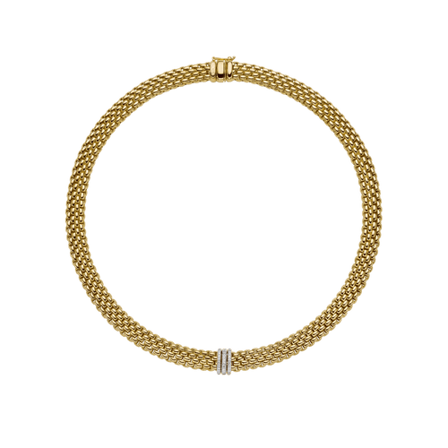 FOPE Panorama 18K yellow gold collar necklace with three white gold diamond pavé rondels, reference 58712CX_PB_G_BBB_042
