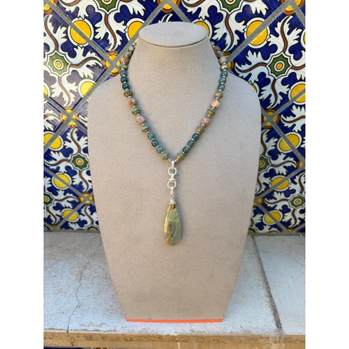 Guatemalan Jade, Pink Moonstone, Aquatine Lemurian Calcite Necklace-Carol Kahn-Renee Taylor Gallery