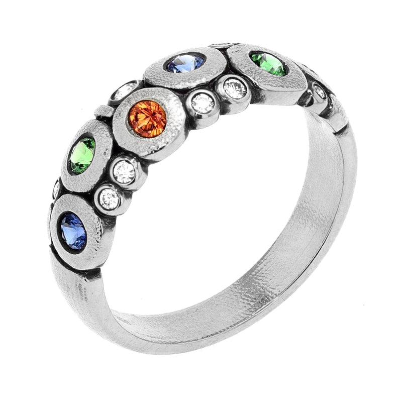 Platinum "Candy" Blue/Green/Orange Mix Sapphire & Diamond Dome Ring - R-122PS-Alex Sepkus-Renee Taylor Gallery