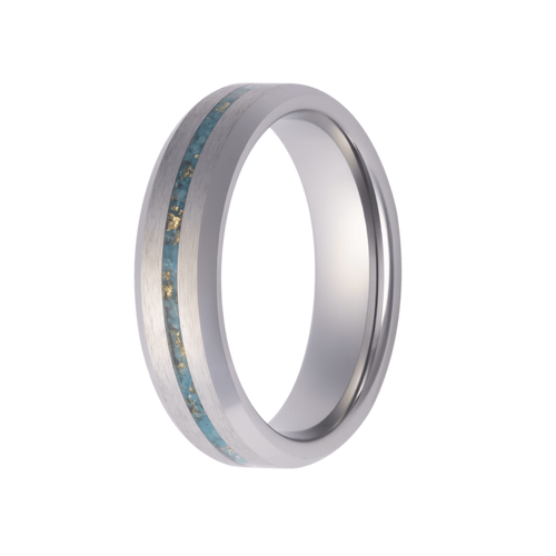 6mm Tungsten Satin Beveled Ring with Crushed Turquoise and Gold Leaf Inlay – 6TU107:TQ1+GL-Heavy Stone-Renee Taylor Gallery