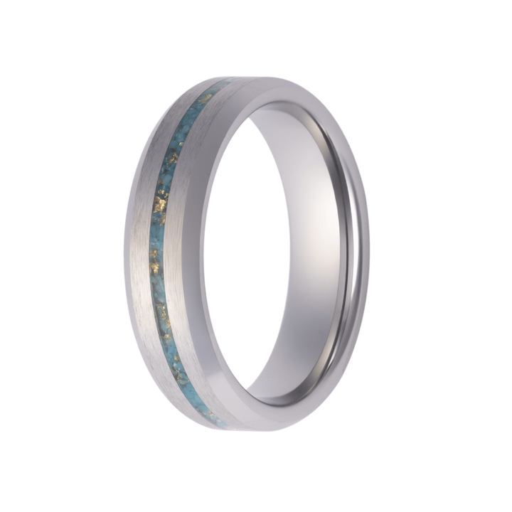 6mm Tungsten Satin Beveled Ring with Crushed Turquoise and Gold Leaf Inlay – 6TU107:TQ1+GL-Heavy Stone-Renee Taylor Gallery