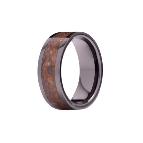 8mm Black Ceramic Polished Flat Ring with Red Dinosaur Bone Inlay – K8BC101:DNR5-Heavy Stone-Renee Taylor Gallery