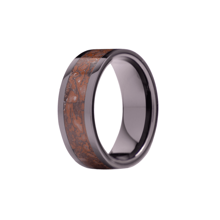 8mm Black Ceramic Polished Flat Ring with Red Dinosaur Bone Inlay – 8BC101:DNR5-Heavy Stone-Renee Taylor Gallery
