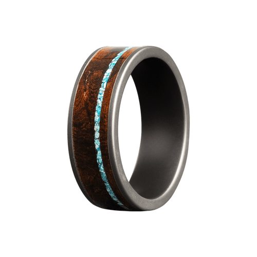 8mm Black Ceramic Matte Flat Ring with Ironwood and Crushed Blue Turquoise Inlays – K8BC601:(IR5/CT1-OF)-Heavy Stone-Renee Taylor Gallery