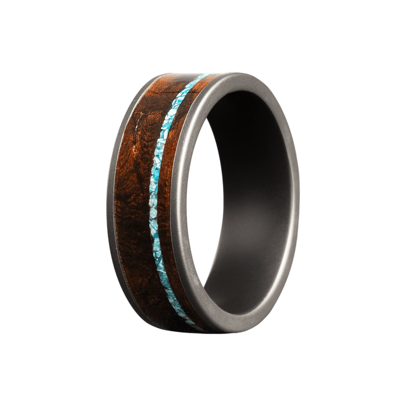 8mm Black Ceramic Matte Flat Ring with Ironwood and Crushed Blue Turquoise Inlays – K8BC601:(IR5/CT1-OF)-Heavy Stone-Renee Taylor Gallery