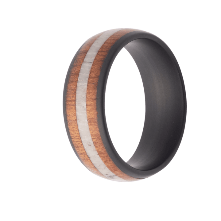 8mm Black Ceramic Matte Dome Ring with Blood Wood and Elk Antler Inlays – 8BC611:(BLD4/ANT2)-Heavy Stone-Renee Taylor Gallery