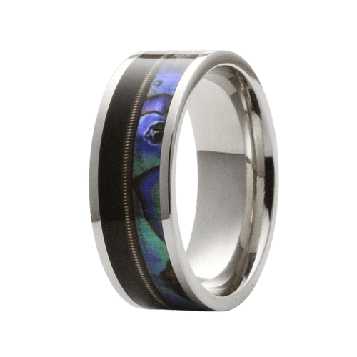 8mm Cobalt Polished Flat Ring with Abalone, Bronze Guitar String, and Ebony Wood Inlay – K8C101:AB3/BGS1/EBY2-Heavy Stone-Renee Taylor Gallery