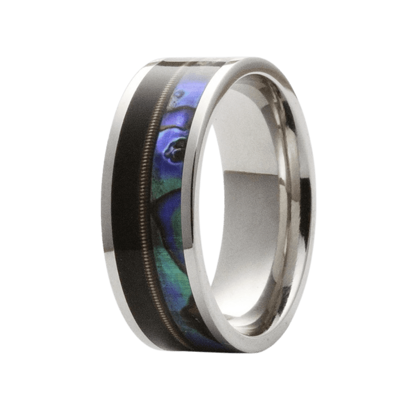 8mm Cobalt Polished Flat Ring with Abalone, Bronze Guitar String, and Ebony Wood Inlay – K8C101:AB3/BGS1/EBY2-Heavy Stone-Renee Taylor Gallery