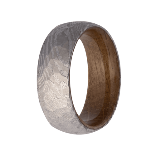 8MM Damascus Hammered Dome Ring with Whiskey Barrel Wood Sleeve – 8DWD810:WHK-Heavy Stone-Renee Taylor Gallery