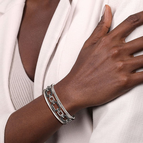 925 Sterling Silver Black Spinel Bujukan Link Chain Cuff Bracelet - BG4884-62SVJBS-Gabriel & Co.-Renee Taylor Gallery