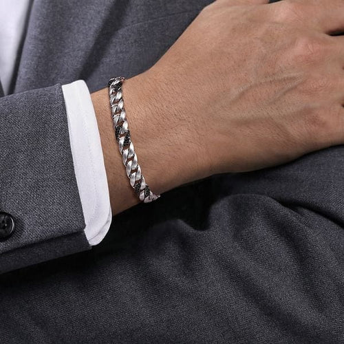 925 Sterling Silver Black Spinel Cuban Link Chain Mens Bracelet - TBM2124SVJBS-Gabriel & Co.-Renee Taylor Gallery