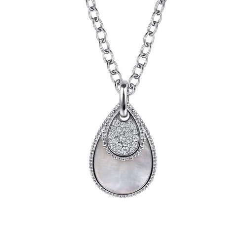 925 Sterling Silver Bujukan White Sapphire and White Mother of Pearl Teardrop Pendant Necklace - NK7727-20SVJMC-Gabriel & Co.-Renee Taylor Gallery