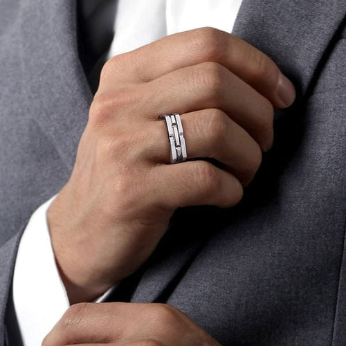 925 Sterling Silver Geometric Men's Ring in Satin Finish - MR52067SVJJJ-Gabriel & Co.-Renee Taylor Gallery