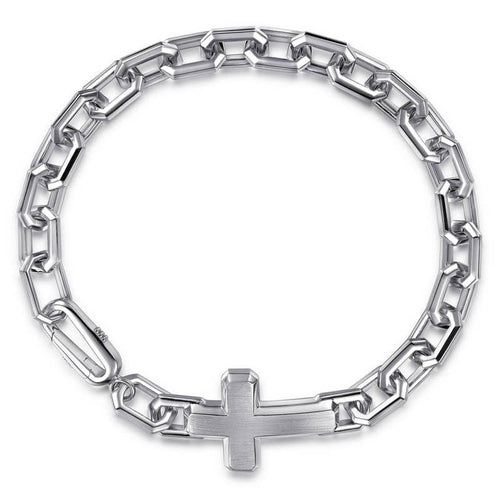 925 Sterling Silver Mens Faceted Link Chain Bracelet with Cross - TBM2253-85SVJJJ-Gabriel & Co.-Renee Taylor Gallery