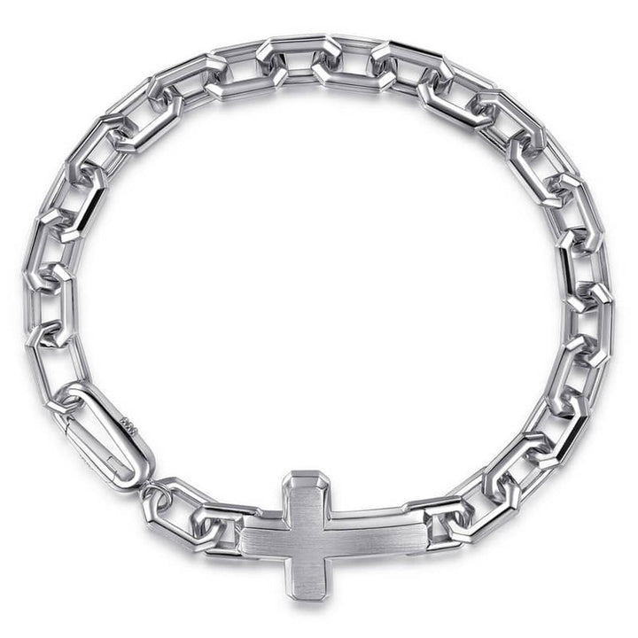 925 Sterling Silver Mens Faceted Link Chain Bracelet with Cross - TBM2253-85SVJJJ-Gabriel & Co.-Renee Taylor Gallery