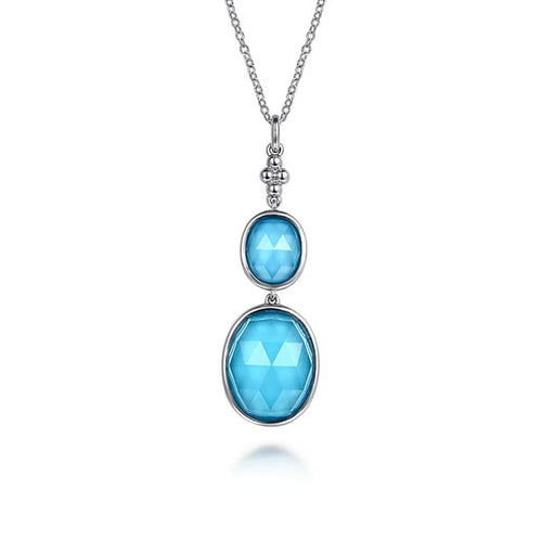 925 Sterling Silver Oval Shape Rock Crystal and Turquoise Bujukan Drop Necklace - NK7479-24SVJXT-Gabriel & Co.-Renee Taylor Gallery