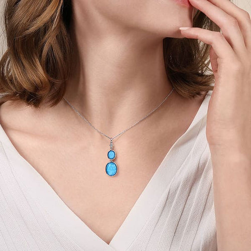 925 Sterling Silver Oval Shape Rock Crystal and Turquoise Bujukan Drop Necklace - NK7479-24SVJXT-Gabriel & Co.-Renee Taylor Gallery