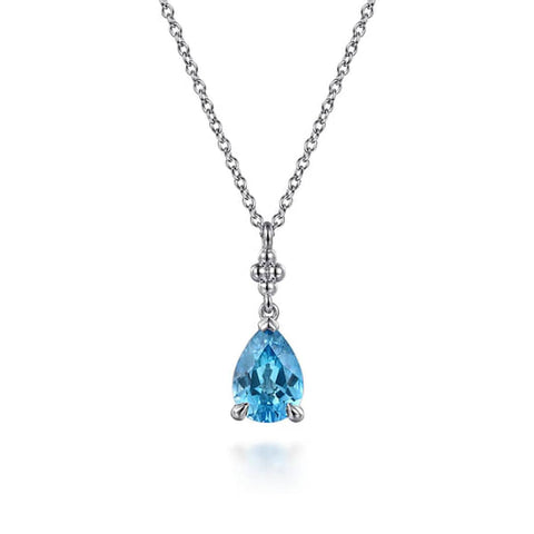 925 Sterling Silver Pear Blue Topaz Bujukan Pendant Necklace