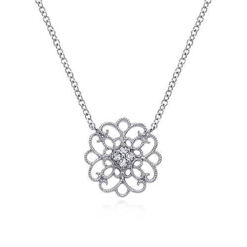 925 Sterling Silver Round Filigree White Sapphire Pendant Necklace - NK4333SVJWS-Gabriel & Co.-Renee Taylor Gallery
