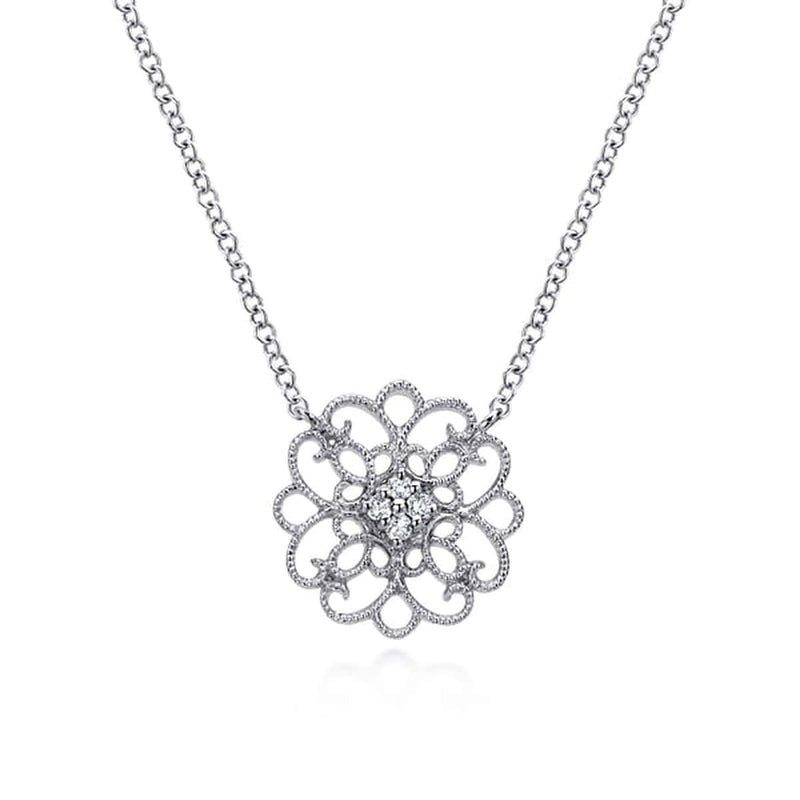 925 Sterling Silver Round Filigree White Sapphire Pendant Necklace - NK4333SVJWS-Gabriel & Co.-Renee Taylor Gallery