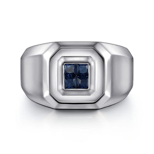 925 Sterling Silver Signet Ring with Princess Cut Sapphire - MR20017SVJSB-Gabriel & Co.-Renee Taylor Gallery